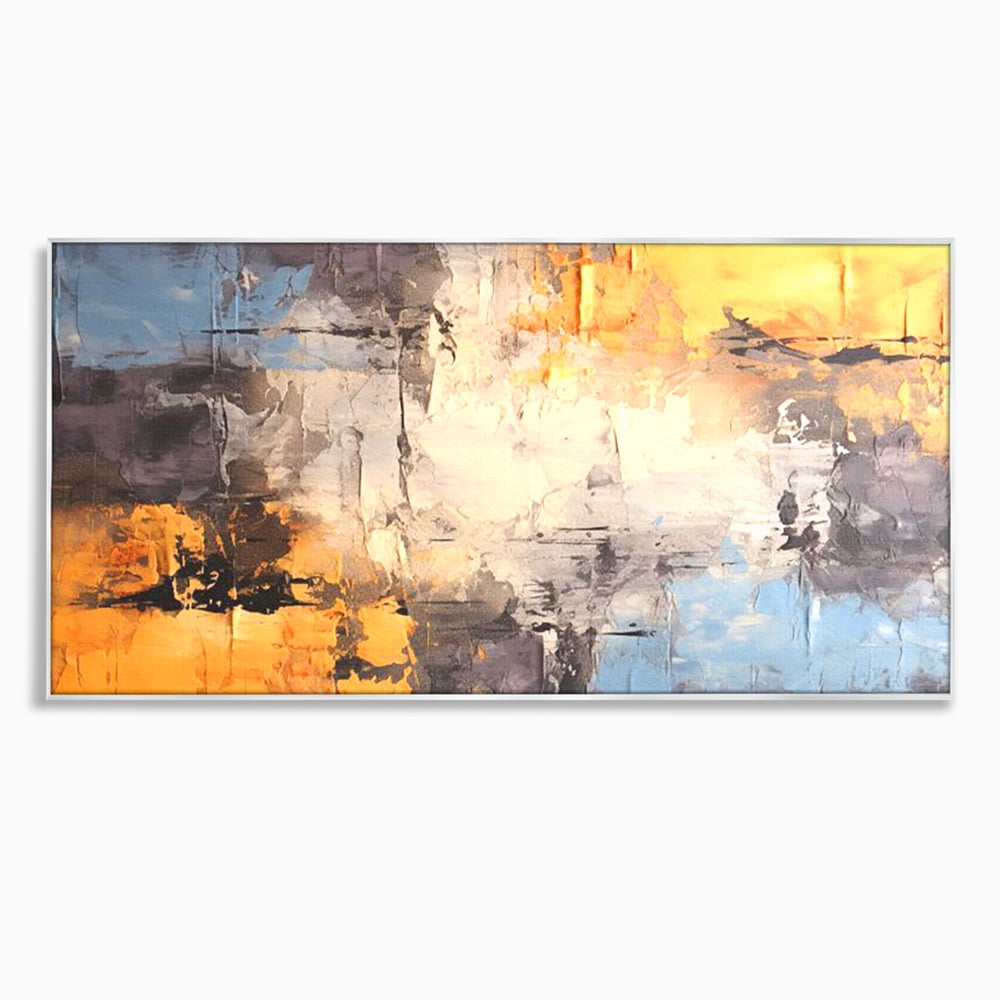 Tablou canvas cu pictura abstracta cu texturi portocalii si gri, in rama de aluminiu argintiu